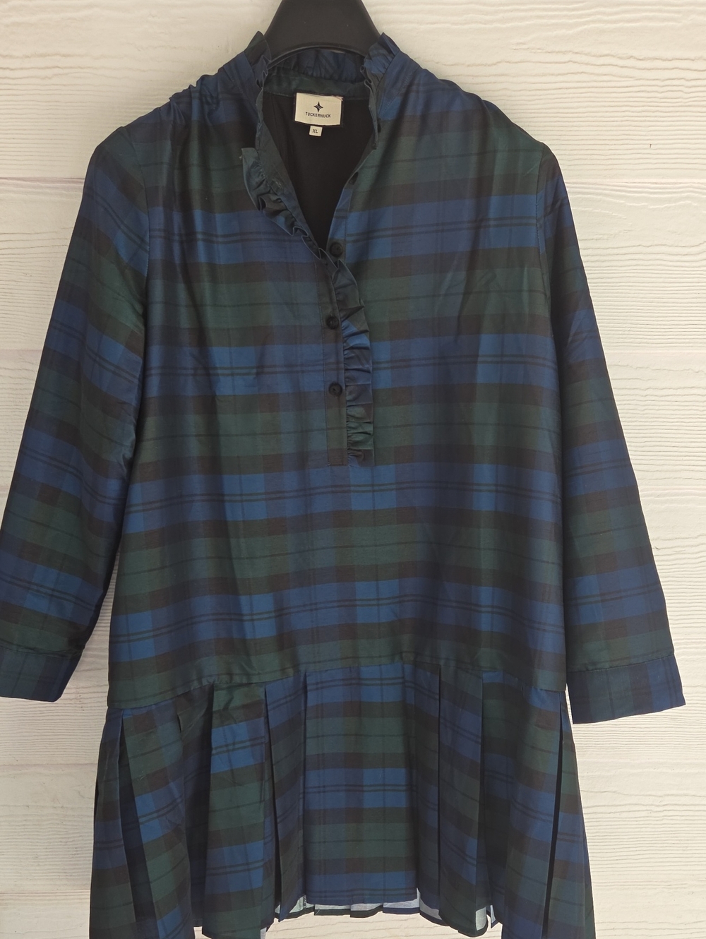 Tuckernuck Blue and Green Plaid Ruffle-Front Tunic Dress